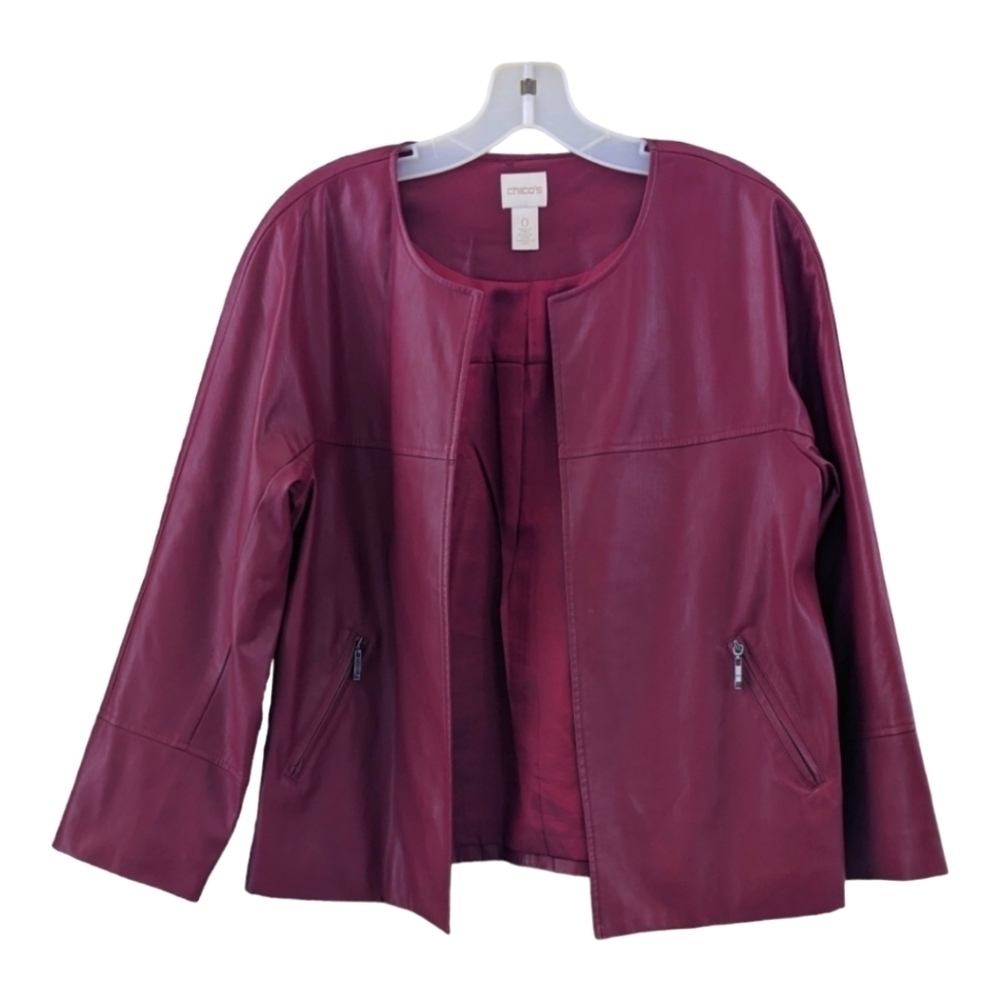 Chico's Burgandy/Dark Red faux leather open jacket Size 0 (small) Flaw